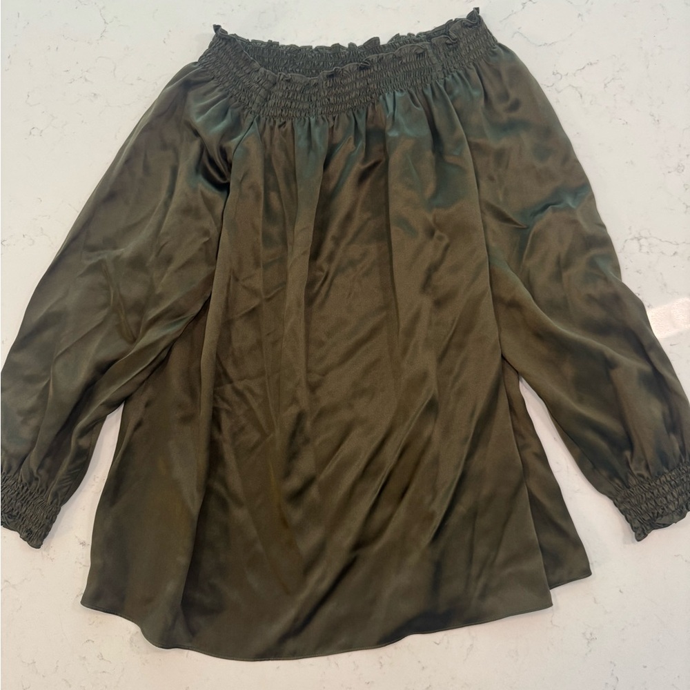 Lafayette 148 New York Womens XL  Silk Tunic Blouse 3/4 Sleeves Dark Olive EUC